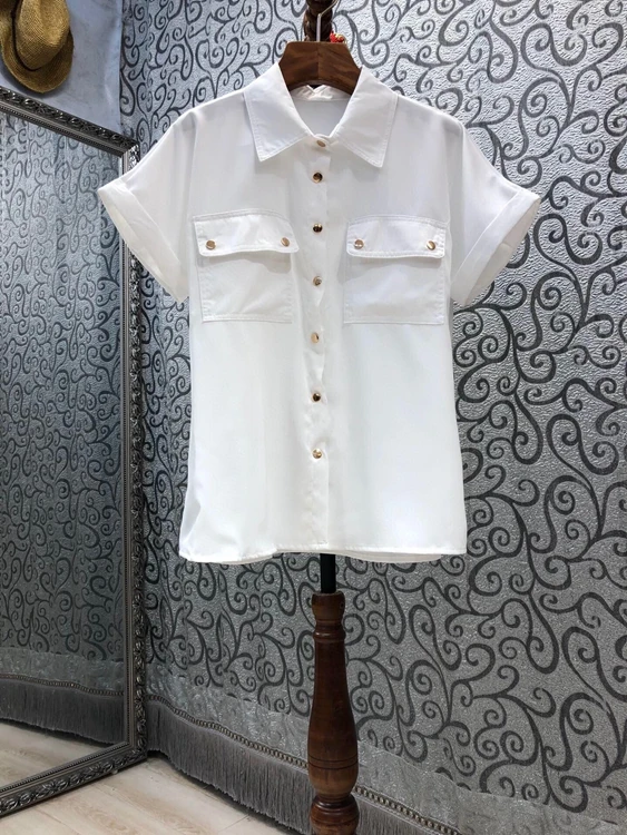 2021 new women fashion lapel symmetrical pocket decoration button short sleeve all-match top 621
2021 new women fashion lapel symmetrical pocket decoration button short sleeve all-match top 621