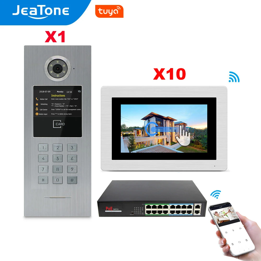 

7'' Touch Screen WIFI IP Video Door Phone Intercom +POE Switch 10 Floors Building Access Control System Support Password/IC Card