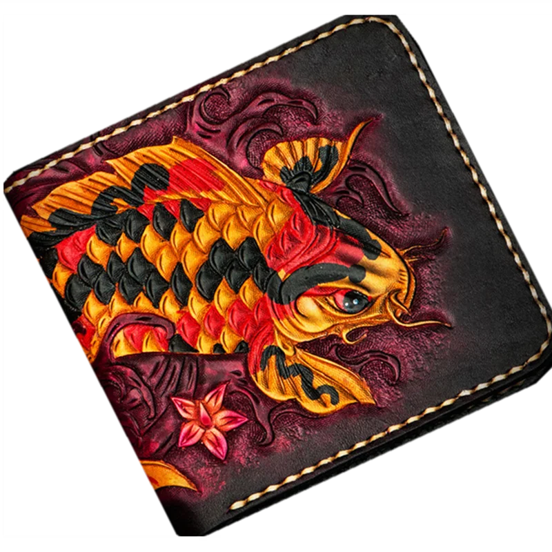 

Short Cow Leather Hand Carved Carp Wallets Purses Women Men Clutch Vegetable Tanned Leather Wallet Card Holder New Year Gift