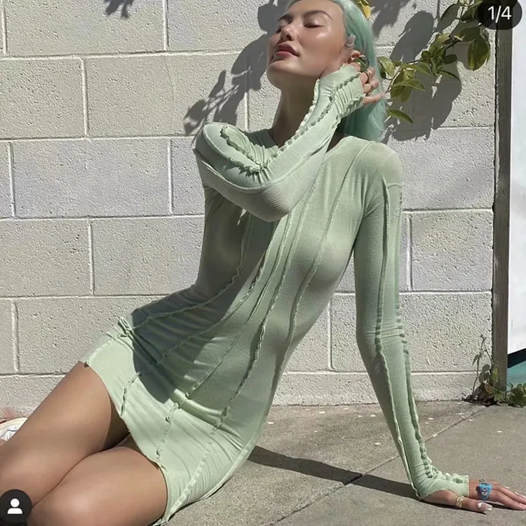 Woman Irregular Long Sleeve O neck Mini Dress S M 
Woman Irregular Long Sleeve O neck Mini Dress S M