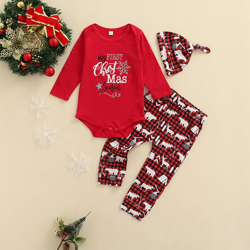 3 Pcs Newborn Christmas Outfits Baby Girls Snowflake & Letter Print Long Sleeve Round Neck Playsuit + Plaid Pants + Knotted Cap 
3 Pcs Newborn Christmas Outfits Baby Girls Snowflake & Letter Print Long Sleeve Round Neck Playsuit + Plaid Pants + Knotted Cap