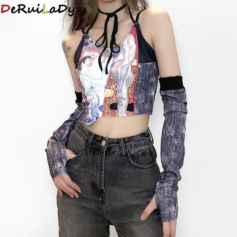 

DeRuiLaDy Spring 2021 Women Patchwork V-Neck Halter Bandage Camisole Streetwear Party Sexy Clubwear Slim Crop Tees Tops Female