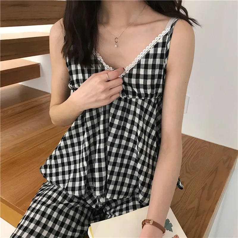 XIFER Korean Style Kimono Pajamas 3pcs Set Spring and Autumn New Lace Cute V-neck Sling Cotton Sweet Plaid Home Wear Pajamas Set
XIFER Korean Style Kimono Pajamas 3pcs Set Spring and Autumn New Lace Cute V-neck Sling Cotton Sweet Plaid Home Wear Pajamas Set