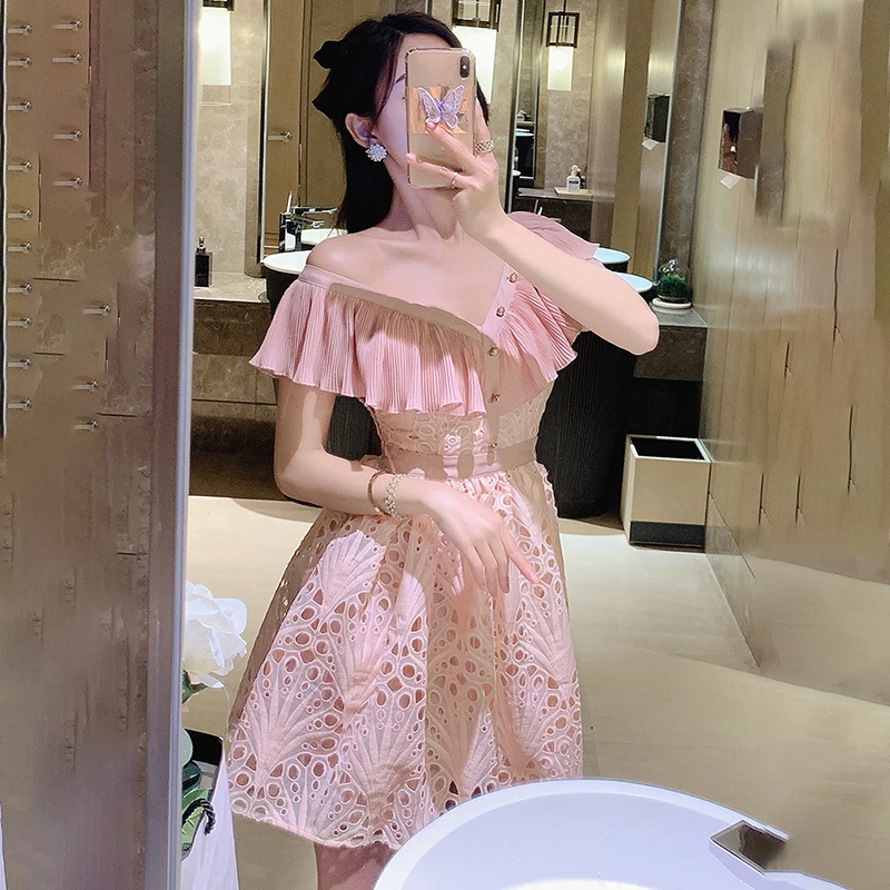 Pink Slash Neck Summer Mini Dress Women Ruffles High Waist Party Dress Korean Hollow Out Crochet Cold Shoulder Sexy Runway C031
Pink Slash Neck Summer Mini Dress Women Ruffles High Waist Party Dress Korean Hollow Out Crochet Cold Shoulder Sexy Runway C031