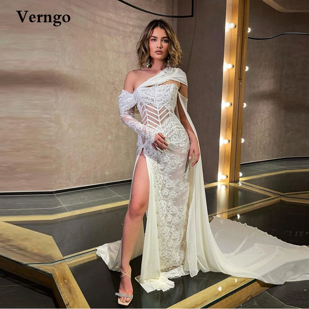 

Verngo Modern White Ivory Lace Applique Mermaid Prom Dresses Long Sleeve Cape High Side Slit Saudi Arabic Women Evening Gowns