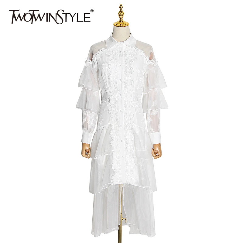 TWOTWINSTYLE Patchwork Mesh Ruffle Dress For Women Lapel Long Sleeve High Waist Irregular Hem White Elegant Dresses Female 2020
TWOTWINSTYLE Patchwork Mesh Ruffle Dress For Women Lapel Long Sleeve High Waist Irregular Hem White Elegant Dresses Female 2020