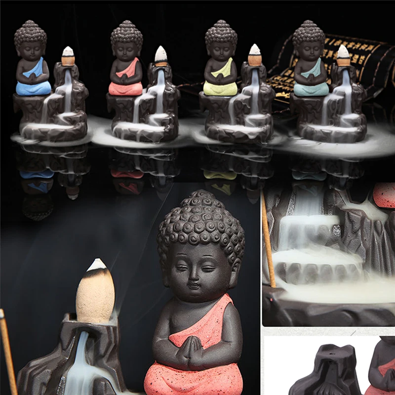 

Ceramic Little Monk Smoke Backflow Burner Incense Stick Holder Maitreya Buddha Statue Porcelain Waterfall Censer Home Decor