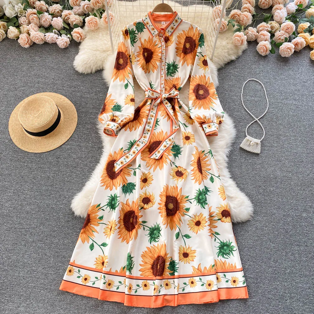 C141 Women New Fashion Autumn Sunflower Print Long Sleeve Shirt Collar Slim Dress Elegant Clothes Vintage Vestidos
C141 Women New Fashion Autumn Sunflower Print Long Sleeve Shirt Collar Slim Dress Elegant Clothes Vintage Vestidos