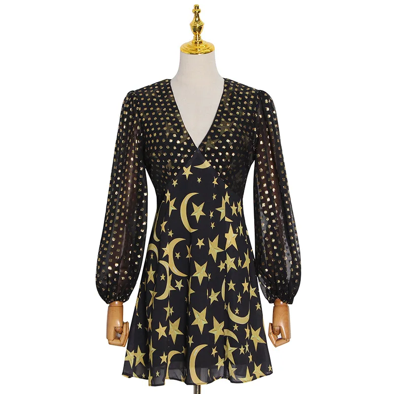 Fashion elegant v-neck bubble sleeve printed high waist slim A- shaped dress women's 28362
Fashion elegant v-neck bubble sleeve printed high waist slim A- shaped dress women's 28362