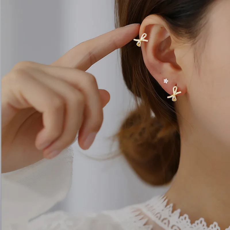 Женские серьги из серебра 925 пробы с золотым бантом и цирконом|earring solitaire|earrings