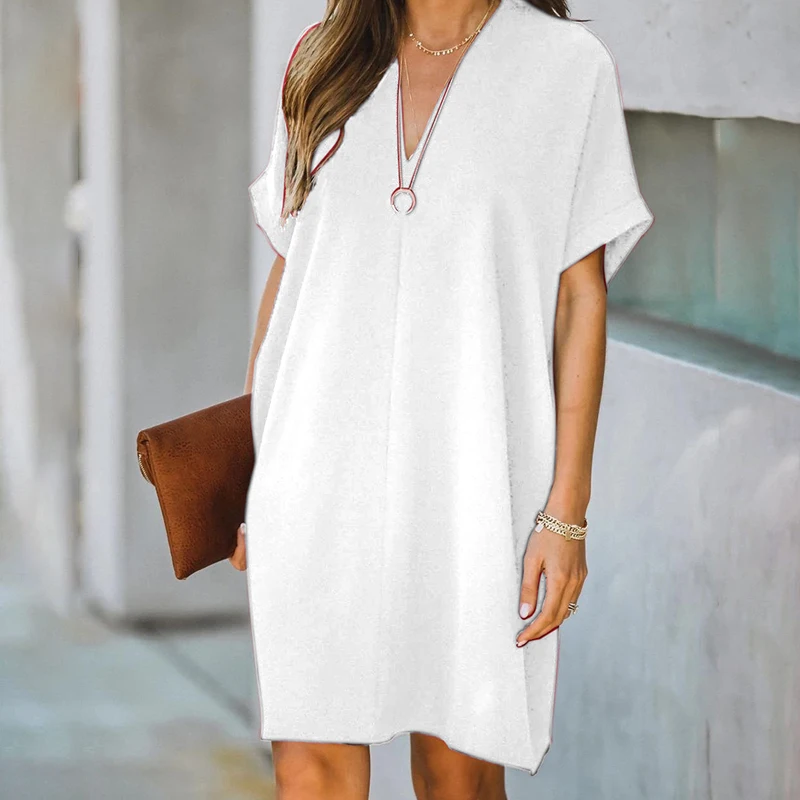 ASHEYWR Women V-Neck Dress Solid Color Short Sleeve Loose Elegant Dress Female Party Summer Dresses Clothing Fashion Woman
ASHEYWR Women V-Neck Dress Solid Color Short Sleeve Loose Elegant Dress Female Party Summer Dresses Clothing Fashion Woman