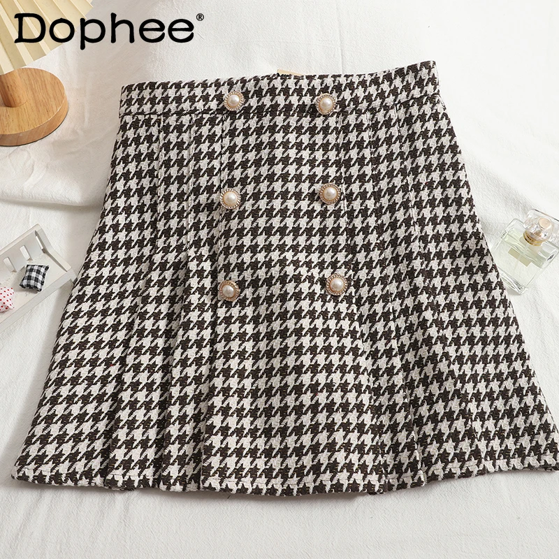 

Contrast Color Houndstooth Short Skirt Women Double-Breasted Bright Silk Tweed Plaid Skirt Fall Winter A- Line Pleated Faldas