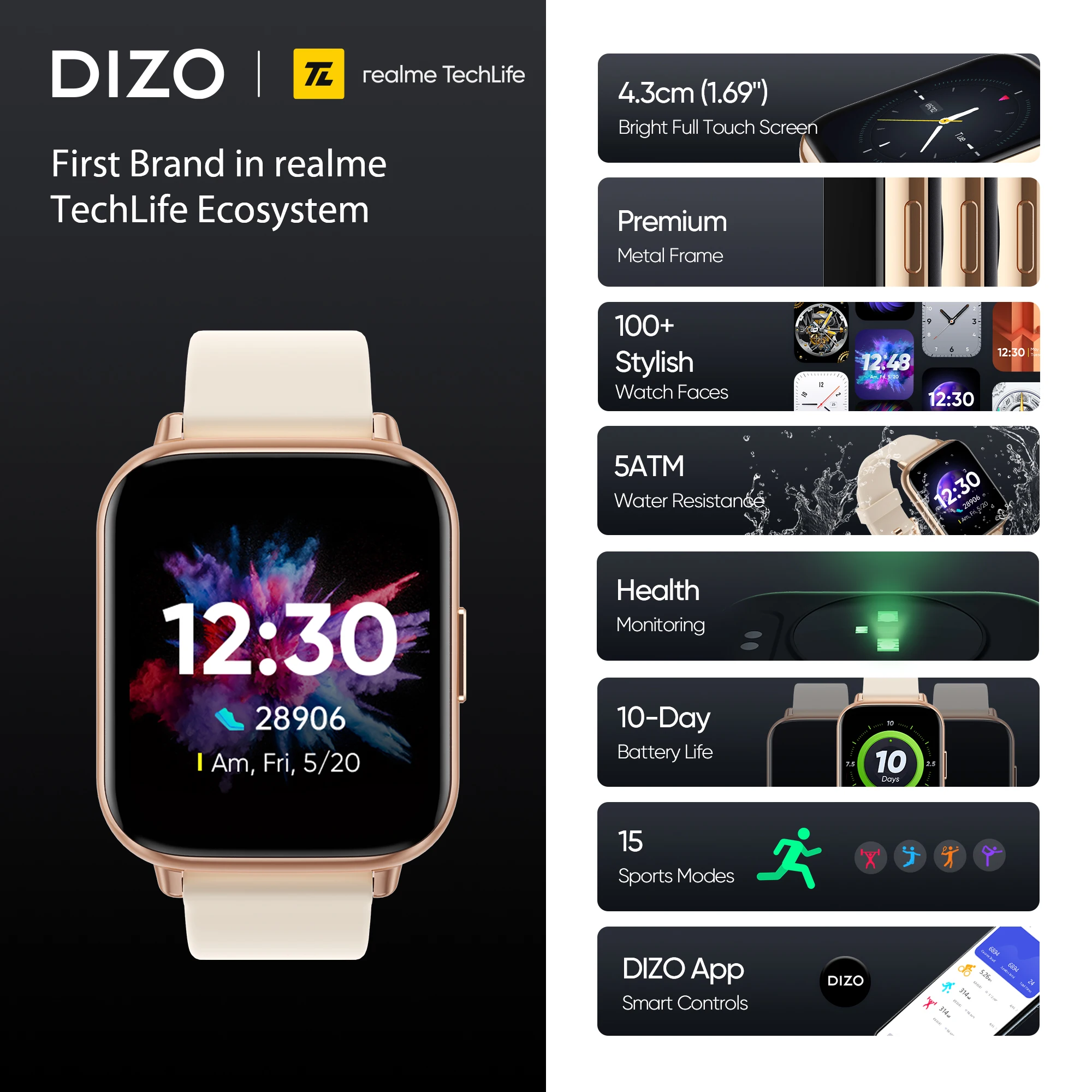 Смарт-часы realme DIZO 2 сенсорный экран 1 69 дюйма водостойкие до 5 атм | Электроника