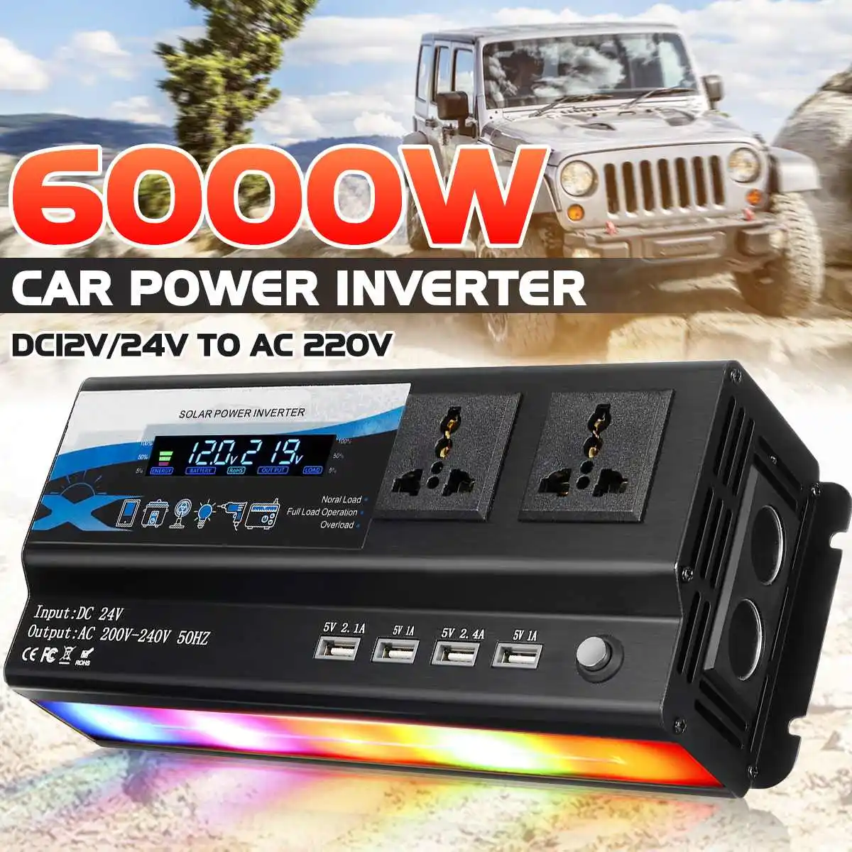 4 USB Digital Display Car Solar Inverter LED RGB lighting DC12V/24V to AC 220V 4000/6000W Inverter Voltage Transformer Converter
4 USB Digital Display Car Solar Inverter LED RGB lighting DC12V/24V to AC 220V 4000/6000W Inverter Voltage Transformer Converter