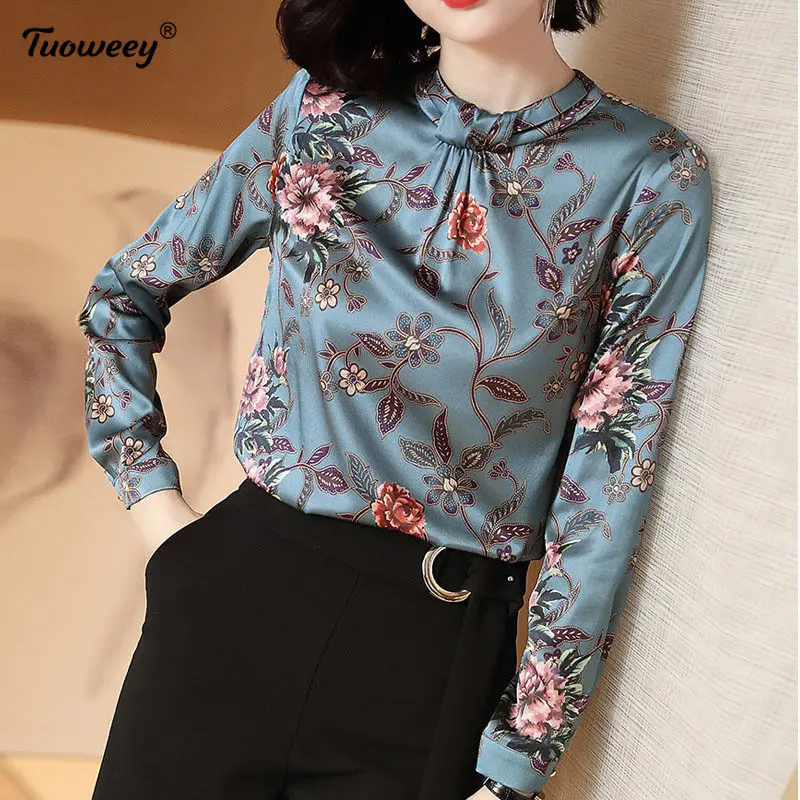 Casual Chiffon Fabric Blouses Women Spring Printed Long-sleeved Turtleneck Shirt Female Elegant Retro Temperament Slim Frill 
Casual Chiffon Fabric Blouses Women Spring Printed Long-sleeved Turtleneck Shirt Female Elegant Retro Temperament Slim Frill