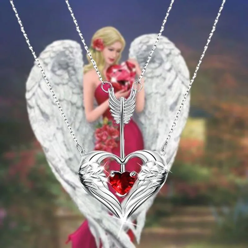 

Angel Wings Heart Pendant Necklace Double Layered Arrow Heart Crystal for Women Mom Fashion Jewelry Gifts