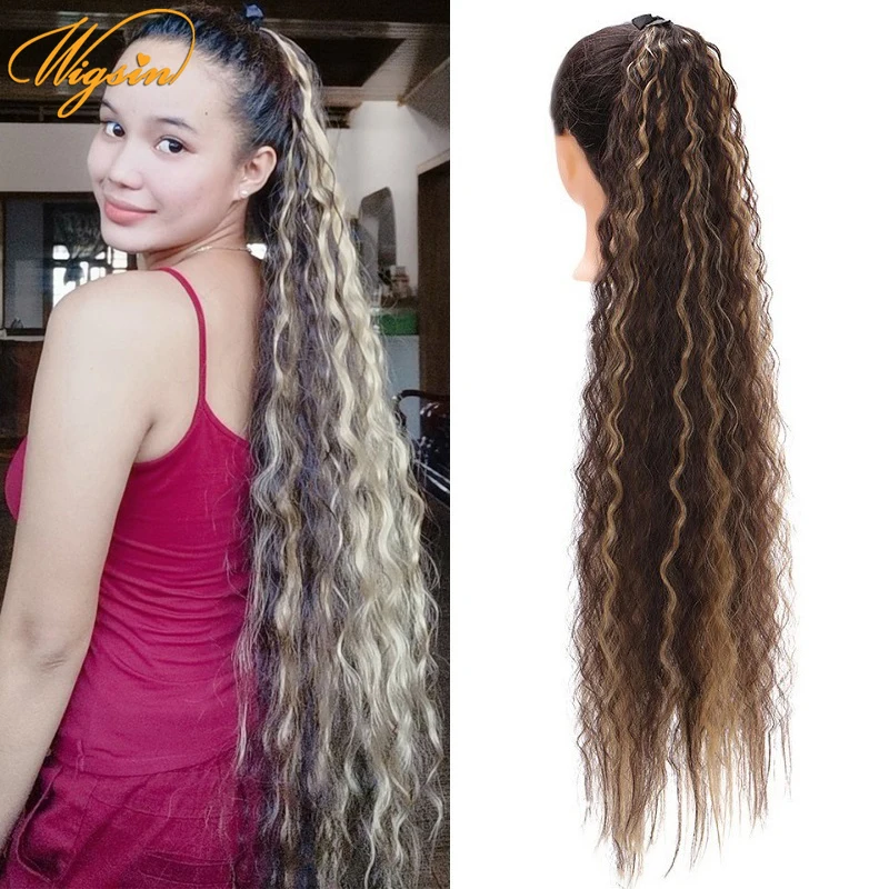 

WIGSIN Synthetic Long Afro Kniky Curly Ponytail Drawstring Clip in Hair Extension Heat Resistant Brown Blond Hairpiece for Women