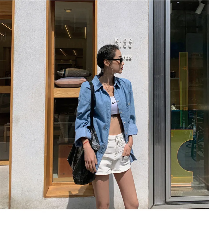 2020 New Arrivlas Denim Blue Pockets Polo-neck Single Breasted Casual Cool Basic Special Design Aesthetic Korean Style Jackets | Женская