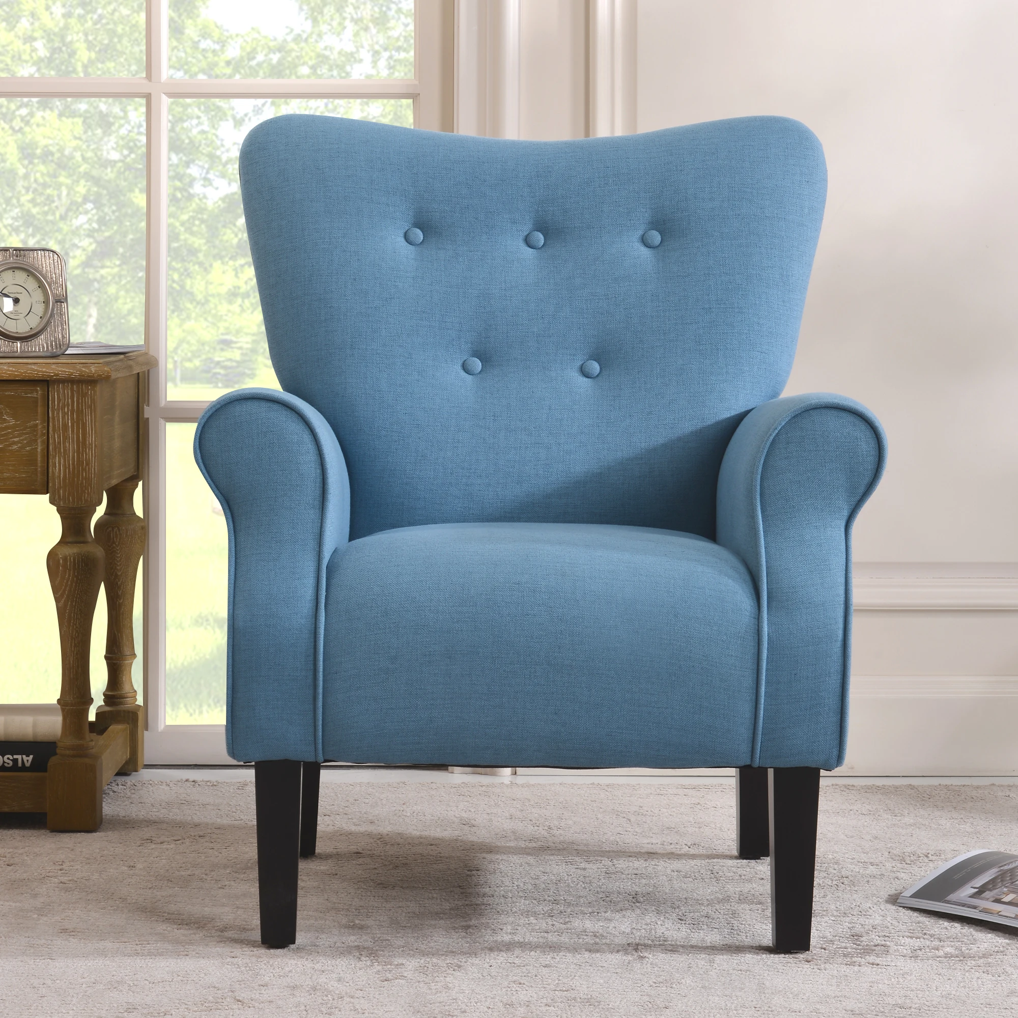 "Modern Wing Back Accent Chair Roll Arm Living Room Cushion with Wooden Legs,Blue "
"Modern Wing Back Accent Chair Roll Arm Living Room Cushion with Wooden Legs,Blue "