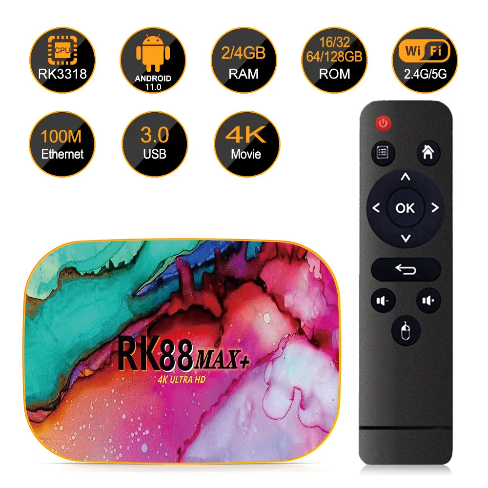 RK88 MAX+ Android 11.0 Smart TV Box 32/64/128GB 4K 1080P Full HD RK3318 2.4G/5G WiFi BT Media Player Set Top Box
RK88 MAX+ Android 11.0 Smart TV Box 32/64/128GB 4K 1080P Full HD RK3318 2.4G/5G WiFi BT Media Player Set Top Box