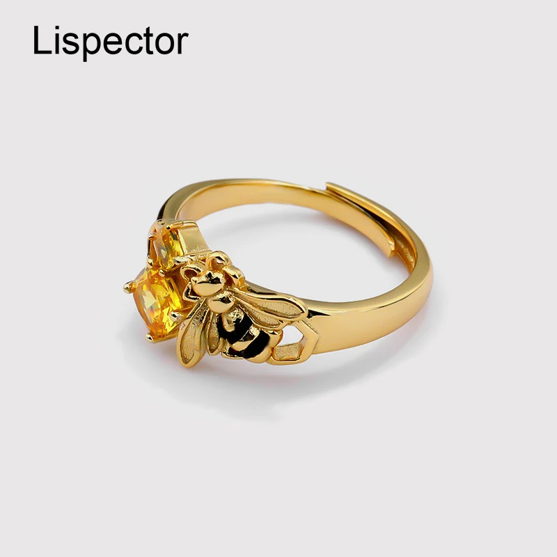 

Lispector 925 Sterling Sliver Vintage Cute Bee Yellow Zircon Rings for Women Retro 18K Gold Ring Natural Designer Female Jewelry