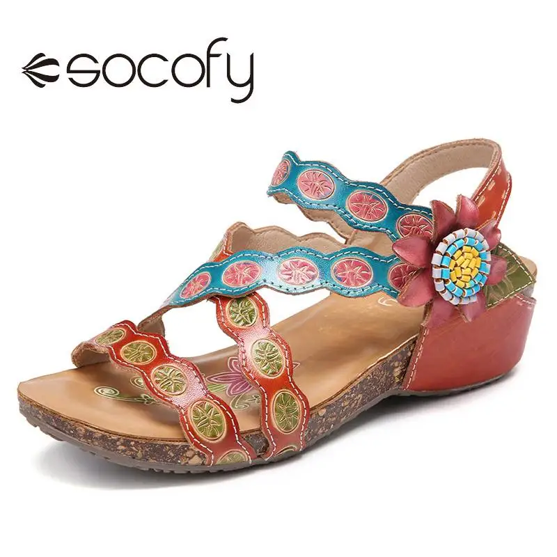 

SOCOFY/женские кожаные сандалии в стиле ретро; Босоножки на танкетке с ремешками на застежке-липучке; Повседневная Уличная обувь; 2020