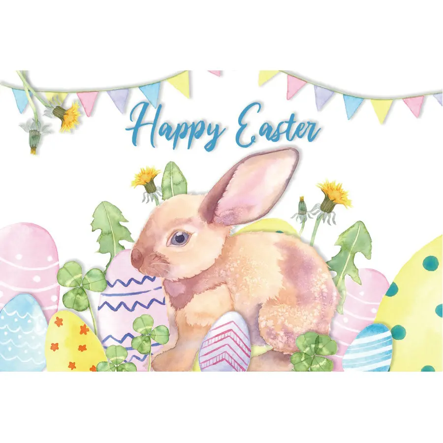 

Happy Easter Backdrop Cartoon Bunny Eggs Daisies Photography Background Family Holiday Party Decor Photo Booth Studio Prop