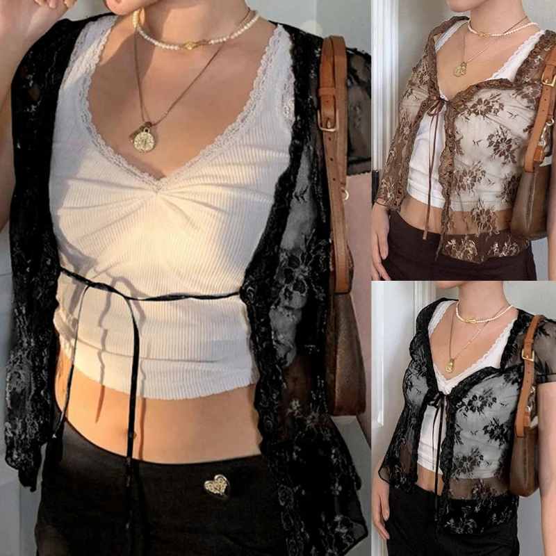 Women Short Sleeve Floral Lace Cardigan Crop Top Open Front Tie Up Slim T-Shirt Jacket Sexy V-Neck Sheer Mesh Streetwear
Women Short Sleeve Floral Lace Cardigan Crop Top Open Front Tie Up Slim T-Shirt Jacket Sexy V-Neck Sheer Mesh Streetwear