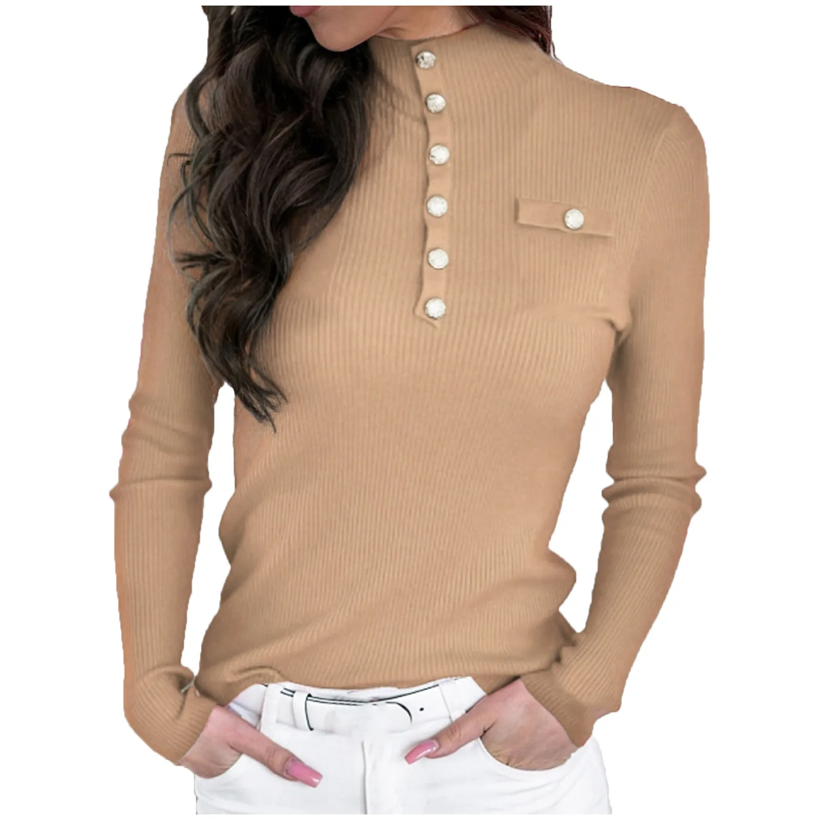 Autumn Winter Women's Solid Color Long Sleeve T-Shirts Button Pocket Thread Stripe High Neck Top T-Shirts Simplicity Styles
Autumn Winter Women's Solid Color Long Sleeve T-Shirts Button Pocket Thread Stripe High Neck Top T-Shirts Simplicity Styles