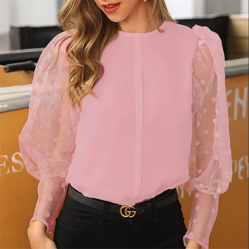 Винтажная блузка с прозрачными рукавами Сексуальная Блузка в горошек круглым