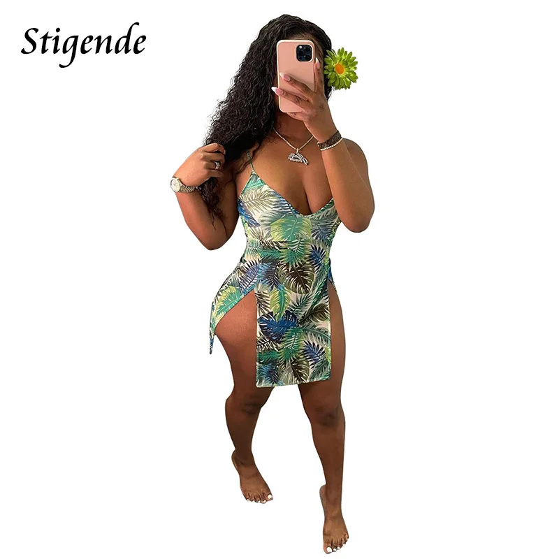 Stigende летние Спагетти ремень пальмовых листьев Мини платье для женщин пикантные туфли с низким вырезом на спине двойная сторона Разделение ... 
Stigende летние Спагетти ремень пальмовых листьев Мини платье для женщин пикантные туфли с низким вырезом на спине двойная сторона Разделение ...