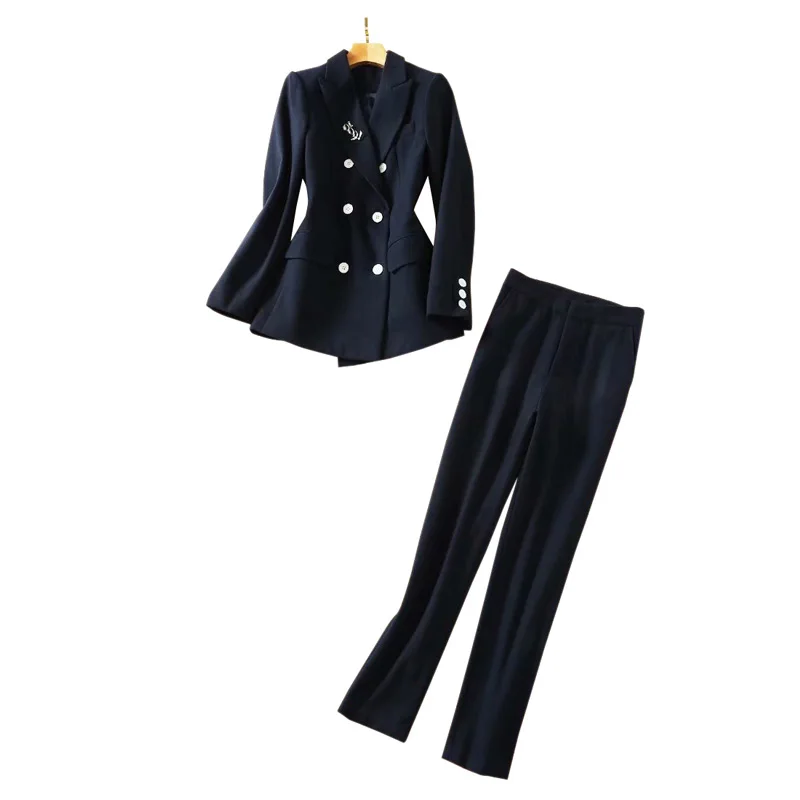 Women Suit Set Two Pieces Outfits Double-Breasted Buttons Navy Blue Blazer + Slim Tight Pencil Pants
Women Suit Set Two Pieces Outfits Double-Breasted Buttons Navy Blue Blazer + Slim Tight Pencil Pants