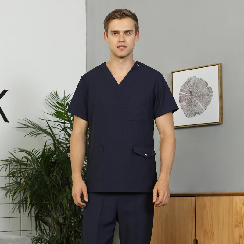 

Navy Men Medical Scrubs Women Nurse Work Uniform Go-to Kit Doctor Workwear Top and Pant Solid Color Beautician Work Suits 302
