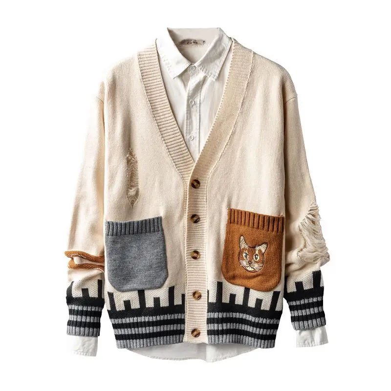 Men's sweater retro contrast color V-neck knitted cardigan men's trend handsome broken hole sweater coat men's sweater top 
Men's sweater retro contrast color V-neck knitted cardigan men's trend handsome broken hole sweater coat men's sweater top