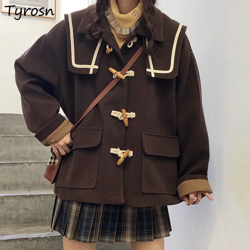 

Wool Blends Women Retro Design Pockets Button Up Loose Jacket Vintage Streetwear Kawaii Sailor Collar Woolen Korean Coat Girls