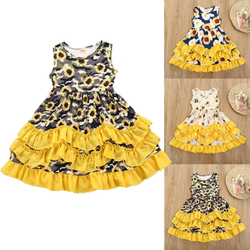 

AA 2020 Toddler Dress Kids Girls Sunflower Ruffle Dress Camo Sundress Party Dresses Clothes Girls Casual Dresses