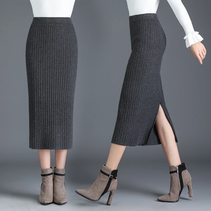 

Женская трикотажная юбка-карандаш, шерстяная приталенная юбка средней длины, для офиса, Осень-зима 2020, длина 74 см