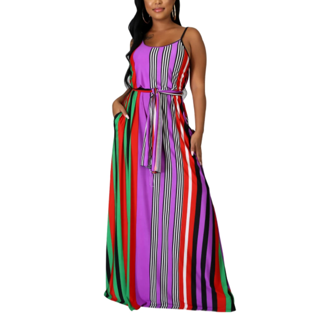 Women 2021 Summer Maxi Dress Sleeveless Printed Stripe Sundress Casual High Waist Club Dress Loose Beach Dress With Belt Pocket 
Women 2021 Summer Maxi Dress Sleeveless Printed Stripe Sundress Casual High Waist Club Dress Loose Beach Dress With Belt Pocket