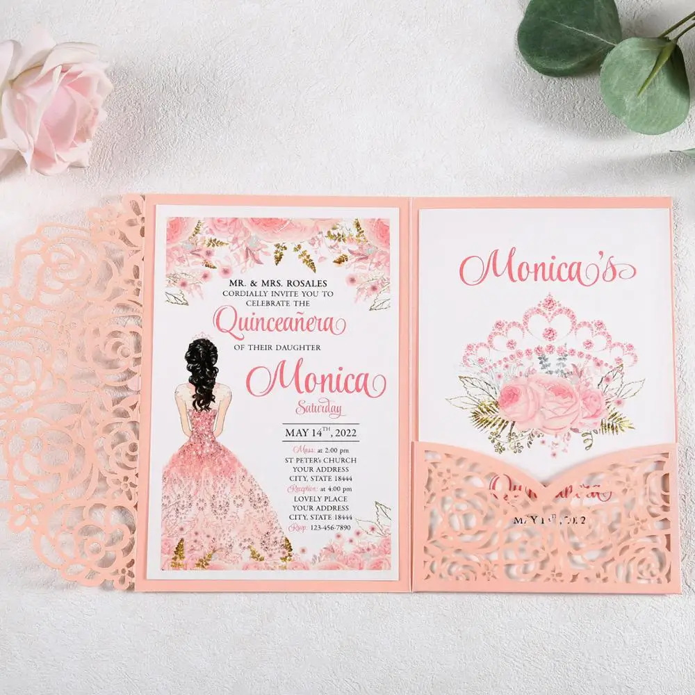 100pcs Pink New Rose Wedding invitation Laser Cut Hollow with Flower Pockets and Envelopes for Wedding/Quinceanera/Birthday
100pcs Pink New Rose Wedding invitation Laser Cut Hollow with Flower Pockets and Envelopes for Wedding/Quinceanera/Birthday