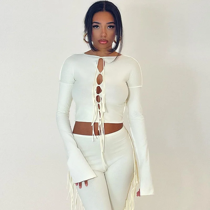 Apricot Sexy Hollow Out Women Suit Flare Sleeve O-neck Lanyard Open Navel Tops Elastic Waist Tassel Split Pencil Pants 2pc Set
Apricot Sexy Hollow Out Women Suit Flare Sleeve O-neck Lanyard Open Navel Tops Elastic Waist Tassel Split Pencil Pants 2pc Set
