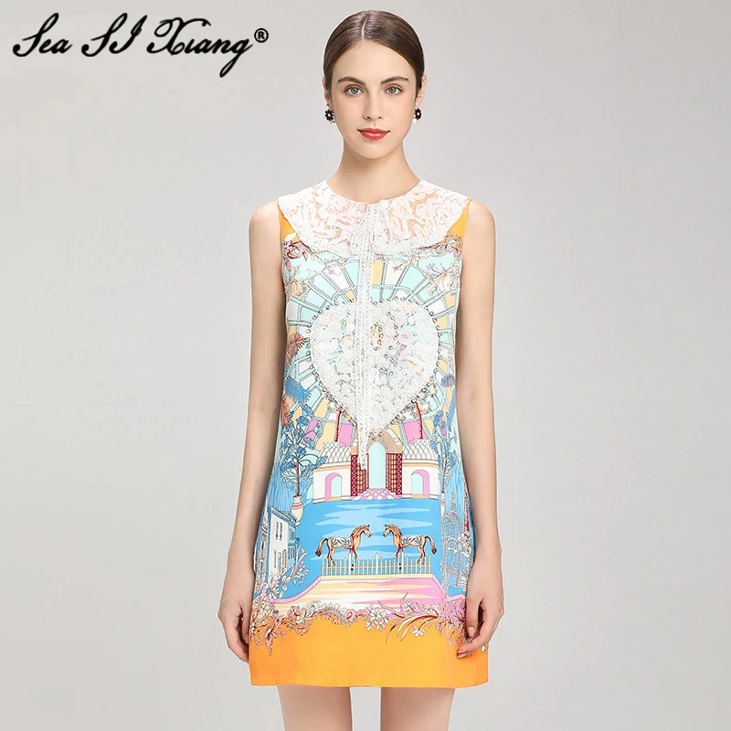 Seasixiang Fashion Designer Summer Mini Dress Women Lace Peter pan Collar Sleeveless Crystal Diamonds Vintage Print Tank Dresses
Seasixiang Fashion Designer Summer Mini Dress Women Lace Peter pan Collar Sleeveless Crystal Diamonds Vintage Print Tank Dresses