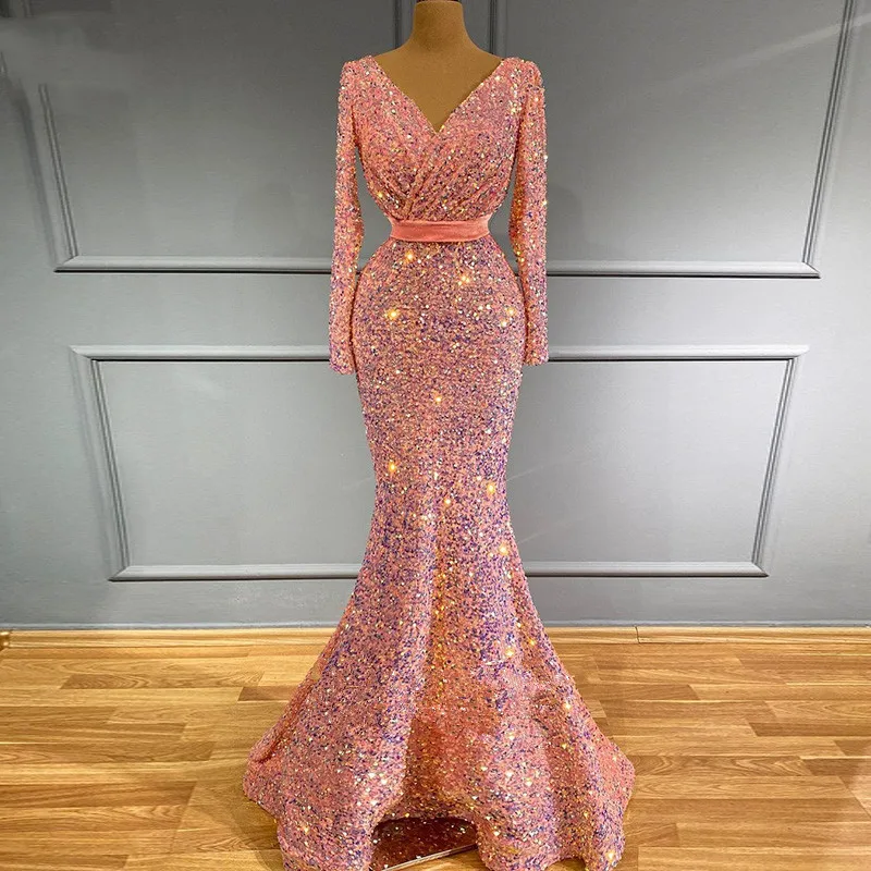 2021 Fashion Mermaid Evening Dresses V Neck Sequin Long Sleeve Prom Dress Shiny Pleat Ladies vestido de novia
2021 Fashion Mermaid Evening Dresses V Neck Sequin Long Sleeve Prom Dress Shiny Pleat Ladies vestido de novia