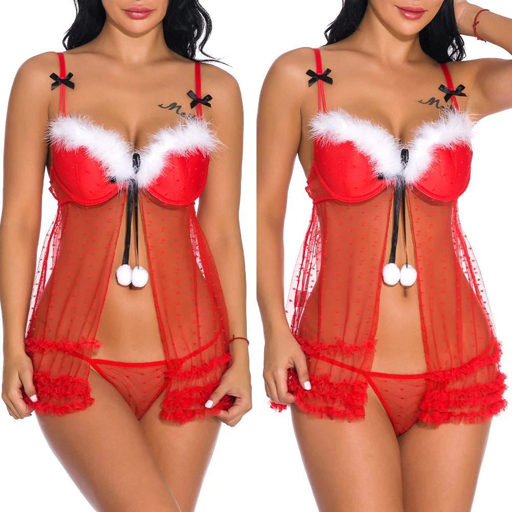 Christmas Exotic Set Bowknot Red Bra and Low Waist Thong Sexy Women Clothing Exotic Apparel Lingerie Set