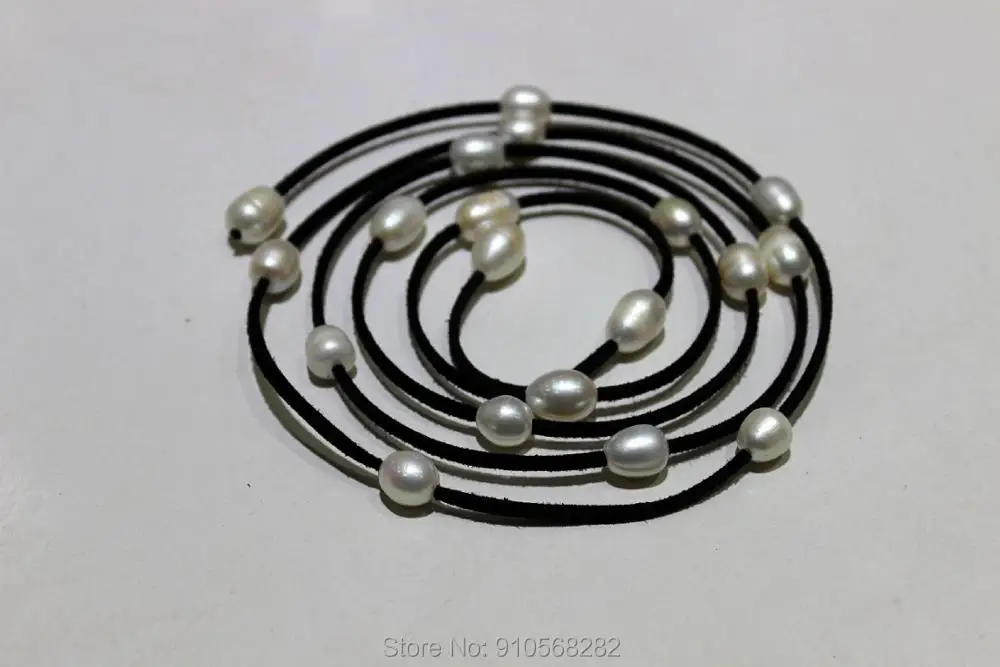 Black leather White Pearl and leather freshwater pearls necklaces 9x12mm 120cm
Black leather White Pearl and leather freshwater pearls necklaces 9x12mm 120cm