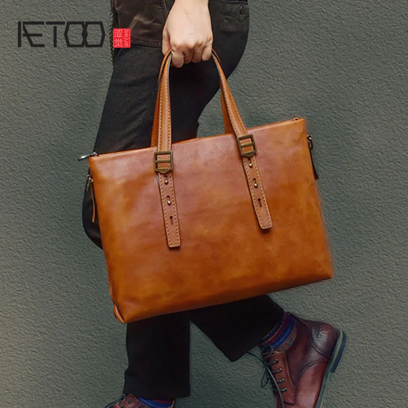 

AETOO Vintage hand-rubbed shoulder bag, vegetable tanned leather briefcase, leather handbag