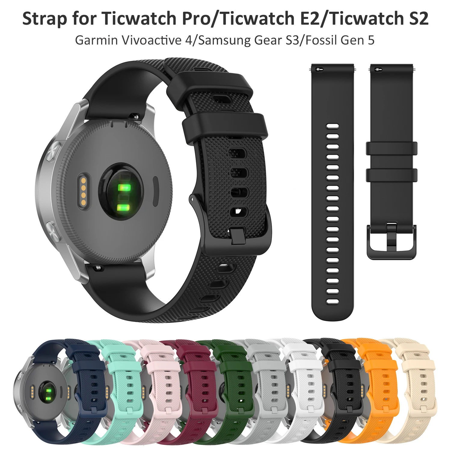 Ремешок силиконовый для Ticwatch Pro 3 /E2/S2 браслет Garmin Vivoactive 4/Samsung Gear S3/Fossil Gen 5