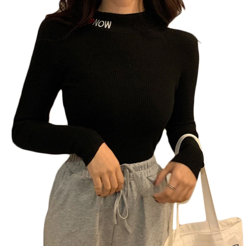 Women Long Sleeve Knitted Sweater Letter Heart Embroidery Turtleneck Slim Tops 
Women Long Sleeve Knitted Sweater Letter Heart Embroidery Turtleneck Slim Tops