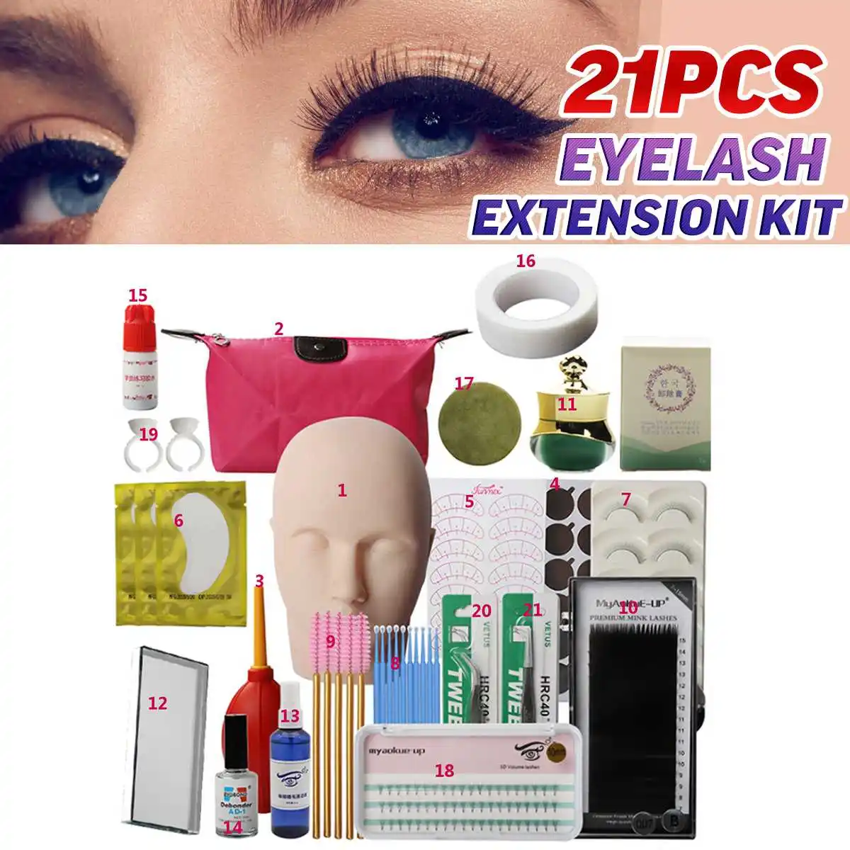 21 in 1 False Eyelash Extension Training Kit Exercise Practice Mannequin Head Set Grafting Eyelash Tools Kit Eye Lashes Grafting
21 in 1 False Eyelash Extension Training Kit Exercise Practice Mannequin Head Set Grafting Eyelash Tools Kit Eye Lashes Grafting