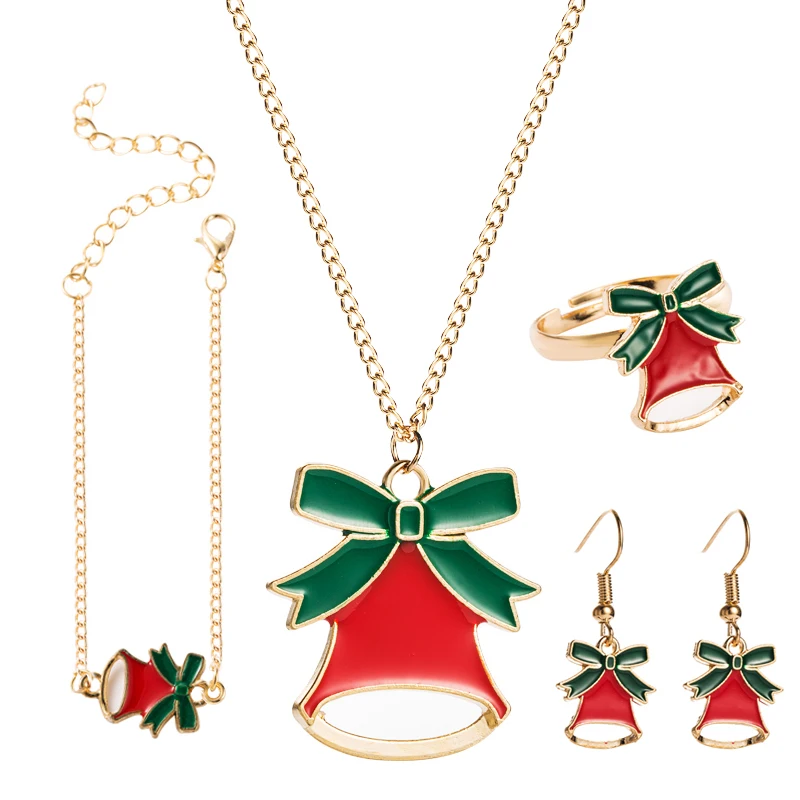 Gorgeous 4-piece Christmas Bow Bell Set Christmas Necklace Bracelet Ring Earrings for Girls Fashion Classic Christmas Gifts
Gorgeous 4-piece Christmas Bow Bell Set Christmas Necklace Bracelet Ring Earrings for Girls Fashion Classic Christmas Gifts