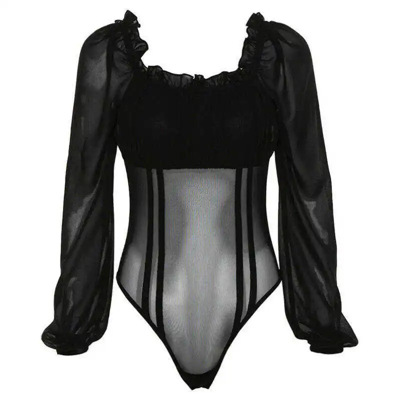 Сексуальное черное прозрачное боди с открытыми плечами и длинными рукавами для